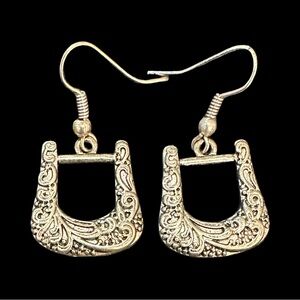 Filigree Horseshoe Dangle Earrings Silver Tone Western Style